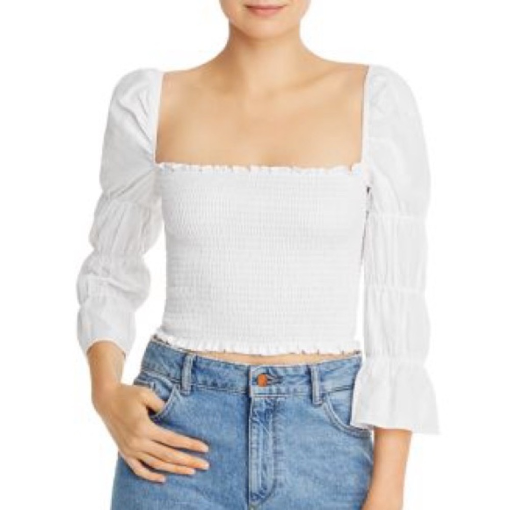 Reformation smocked white linen blend top